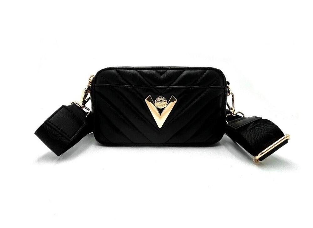 Valentino Orlandi Sarah Quilted Camera Crossbody Bag Black & Gold NWT Sealed!